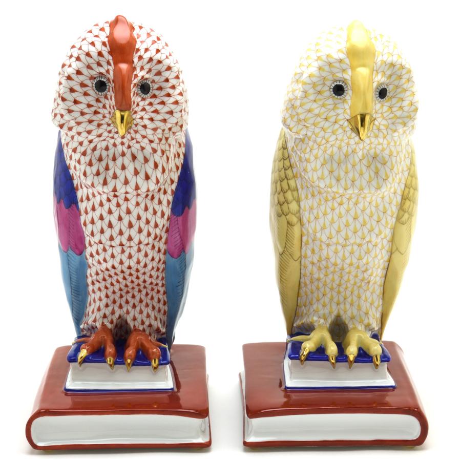 ヘレンド 本の上のフクロウ(L)ペア 赤色の鱗模様 黄色の鱗模様 ヘレンド 本の上のフクロウ(L)ペア 赤色の鱗模様 黄色の鱗模様
