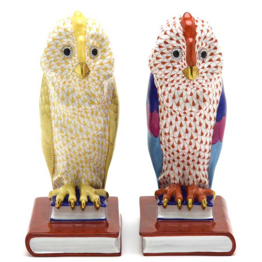 ヘレンド 本の上のフクロウ(M)ペア 黄色の鱗模様 赤色の鱗模様