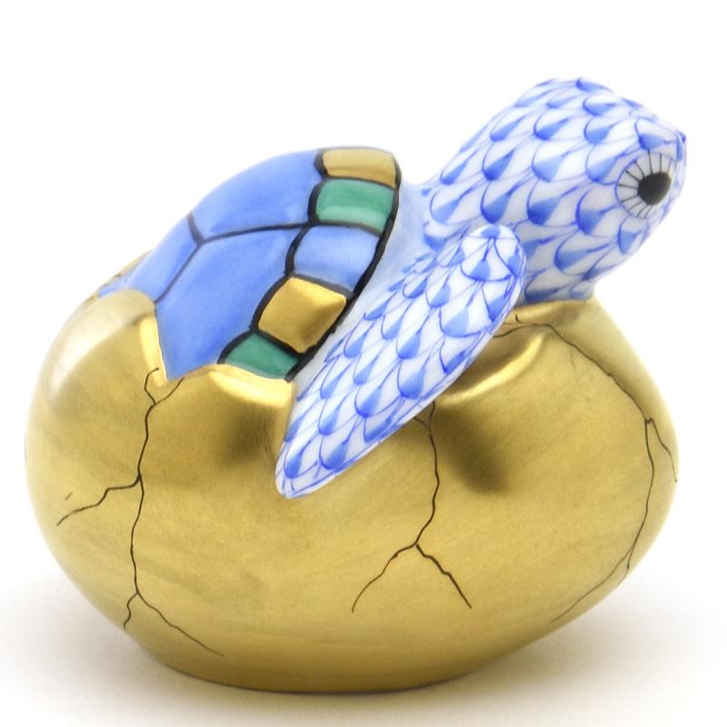 ヘレンド(Herend) 亀・孵化 ブルーの鱗模様 金彩仕上げ フィギュリン 