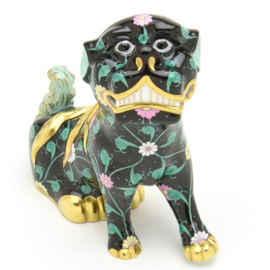 ヘレンド(Herend) 狛犬(高さ:15.5cm)左足上げ 西安の黒(15296/SN)マスターペインターのサイン入り ハンドメイド 磁器 置物 飾り物 送料無料 ギフト包装無料 新品の画像