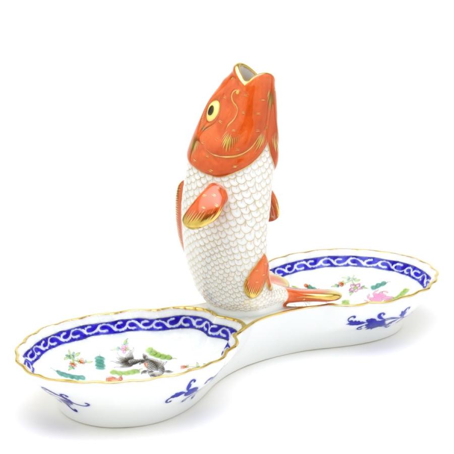 ヘレンド(Herend) ツインファンシーディッシュ(幅:33.5cm)鯉飾り 一輪挿し  ポワッソン・リッチ(07530/PO-RI) マスターペインターのサイン入り 送料無料【新品】の画像