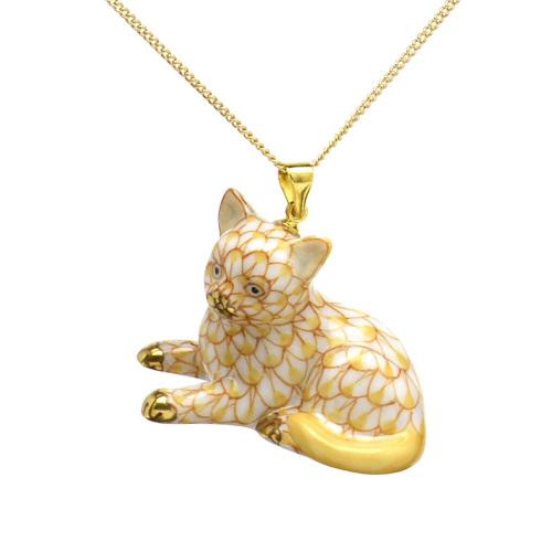 ヘレンド（HEREND） ペンダントトップ 猫 黄色の鱗模様 手描き 