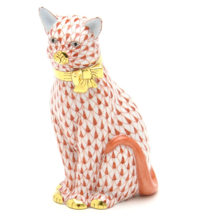ヘレンド（HEREND） 猫 置物 リボンを付けたネコ(L) 赤色の鱗模様