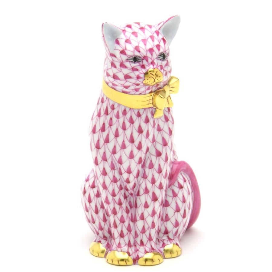 ヘレンド（HEREND） 猫 置物 リボンを付けたネコ(L) ピンクの鱗模様