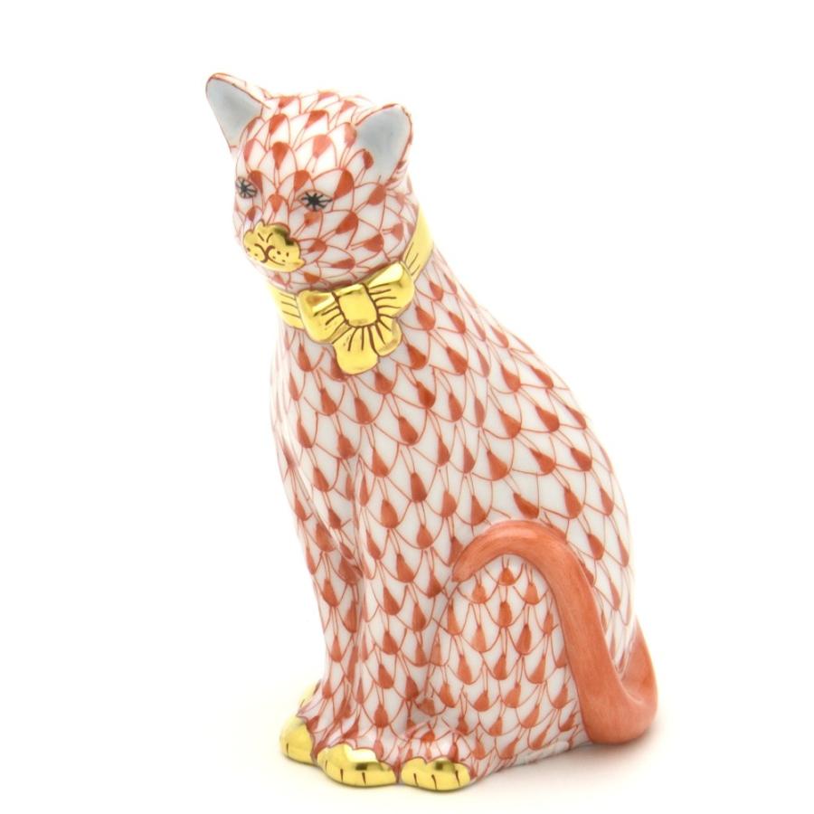 ヘレンド（HEREND） 猫 置物 リボンを付けたネコ 赤色の鱗模様 手描き