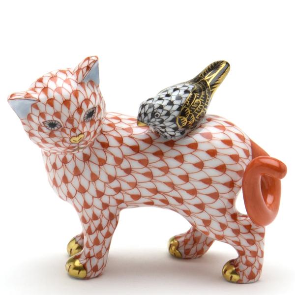 ヘレンド（HEREND） ネコ置物(長さ:8cm) 猫と小鳥(15711/VH+VHNMM)赤色 