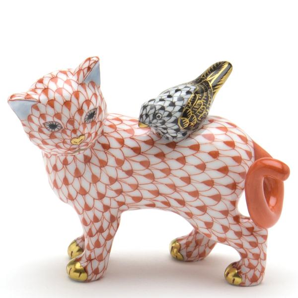 希少 大きめ ヘレンド フィギュリン 猫 ネコ キャット ピンク 鱗模様 置物 ヘレンド（HEREND） ネコ置物(長さ:8cm) 猫と小鳥(15711/VH+VHNMM)赤色
