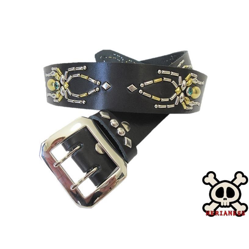 栃木レザー セブンスパイダースタッズベルト 黒 エメラルドスポッツ