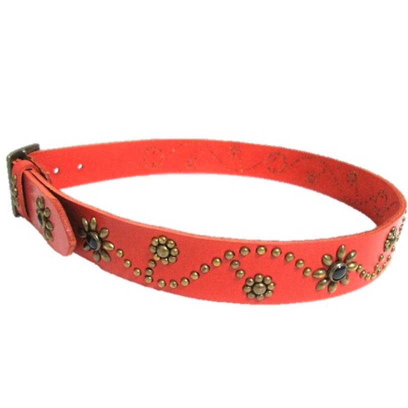 栃木レザー フラワー型スタッズベルト 赤 オニキススポッツ