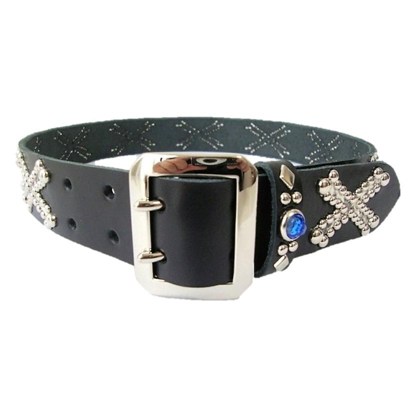 栃木レザー クロスボーンスタッズベルト 黒Xダイヤモンドパイソン