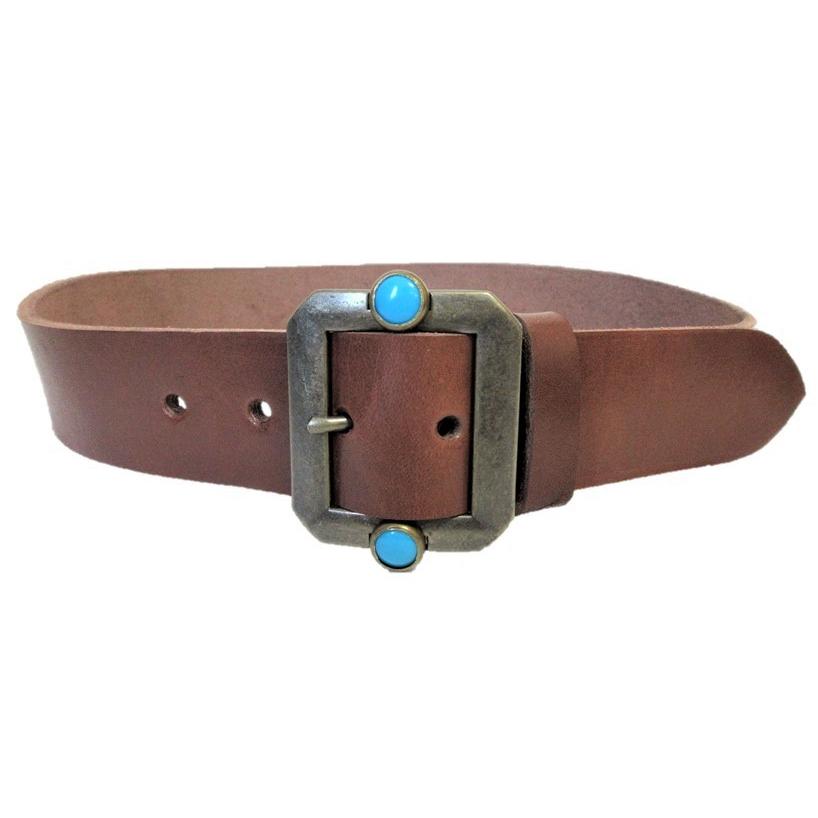 栃木レザーベルト チョコ 40mm スタッズ付きバックル ターコイズ