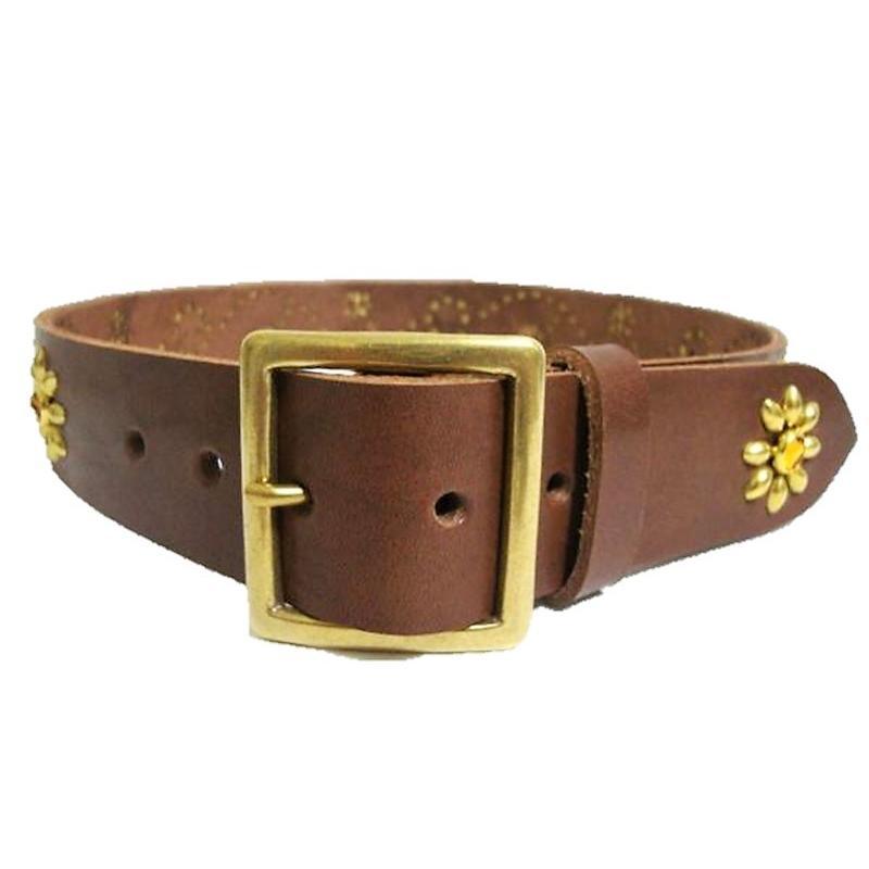 真鍮製バックル 栃木レザー フラワー型スタッズベルト チョコ アンバー