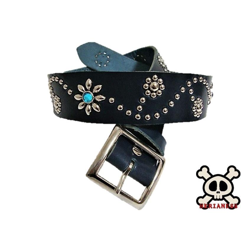 栃木レザー フラワー型 スタッズベルト ネイビー アクアブルースポッツ