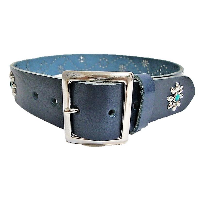 栃木レザーフラワー型スタッズベルト　黒（グリーンスポッツ）ヴィンテージタイプ 栃木レザー フラワー型 スタッズベルト 黒 グリーンスポッツ