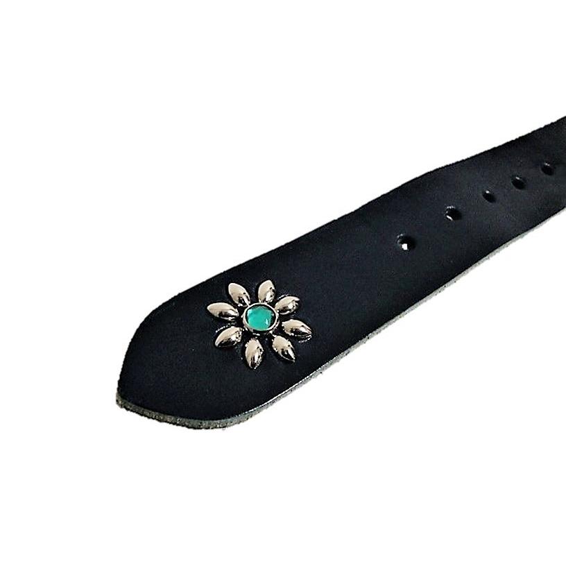 栃木レザーフラワー型スタッズベルト　黒（グリーンスポッツ）ヴィンテージタイプ 栃木レザー フラワー型 スタッズベルト 黒 グリーンスポッツ