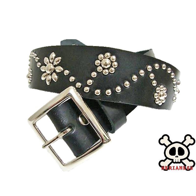 栃木レザー フラワー型 スタッズベルト 黒 ニッケル 日本製