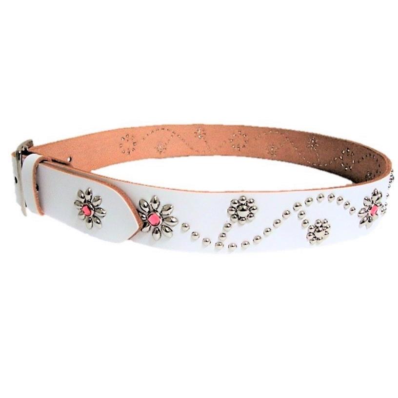 栃木レザー　フラワー型スタッズベルト　白（ブラックスポッツ）一枚 栃木レザー フラワー型 スタッズベルト 白 ブラックスポッツ