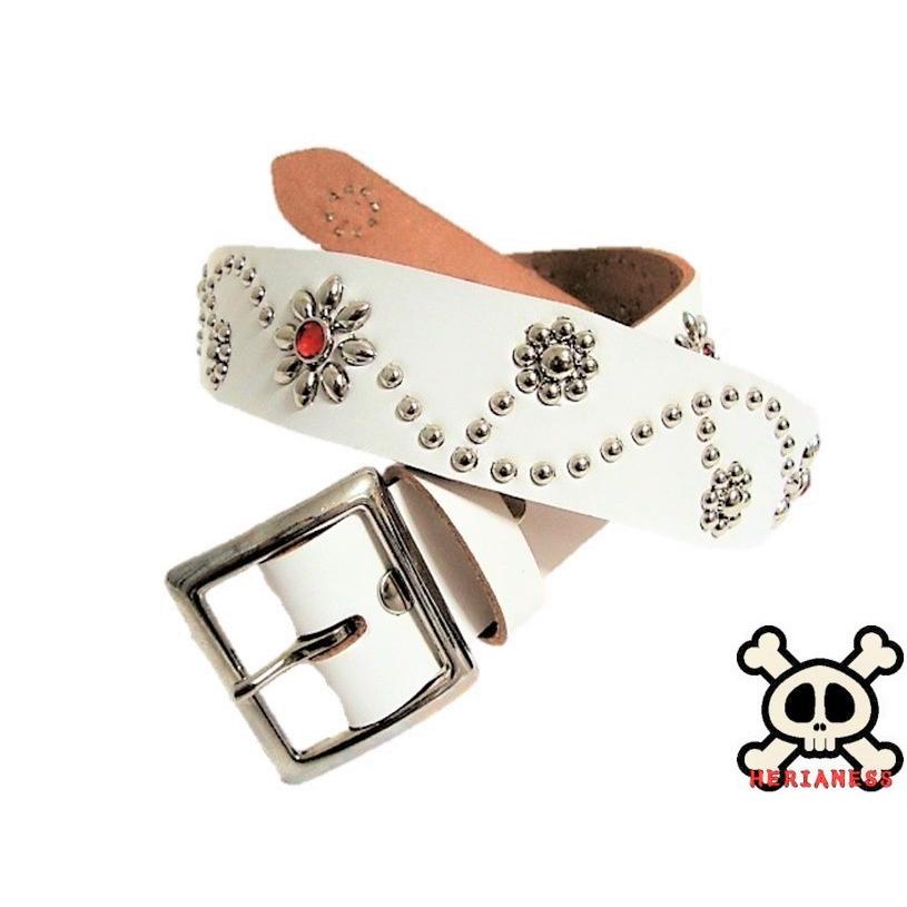 栃木レザー フラワー型 スタッズベルト 白 レッドスポッツ 日本製  