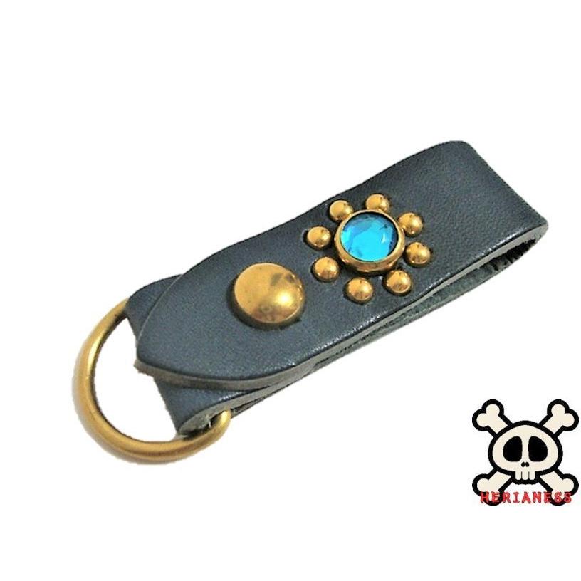 栃木レザー 真鍮スタッズループホルダー ネイビー アクアブルー