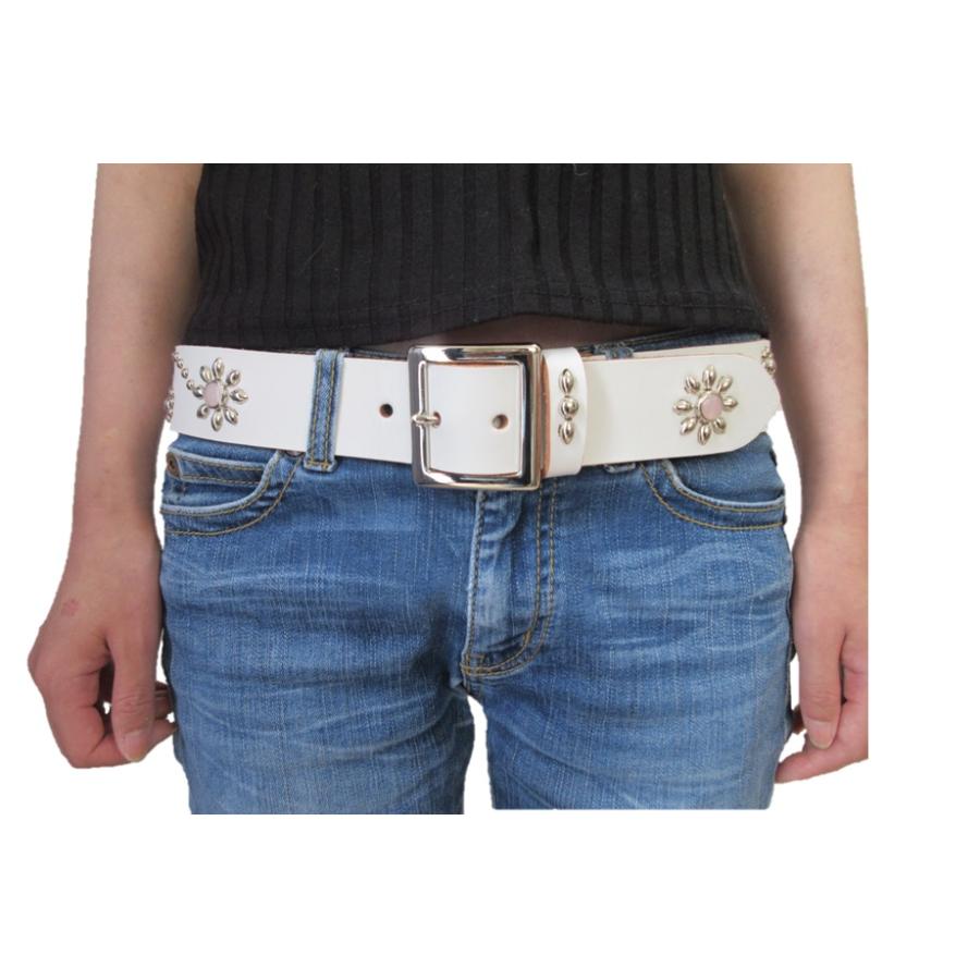 天然ローズクォーツ 栃木レザー フラワー型スタッズベルト 白 日本製  