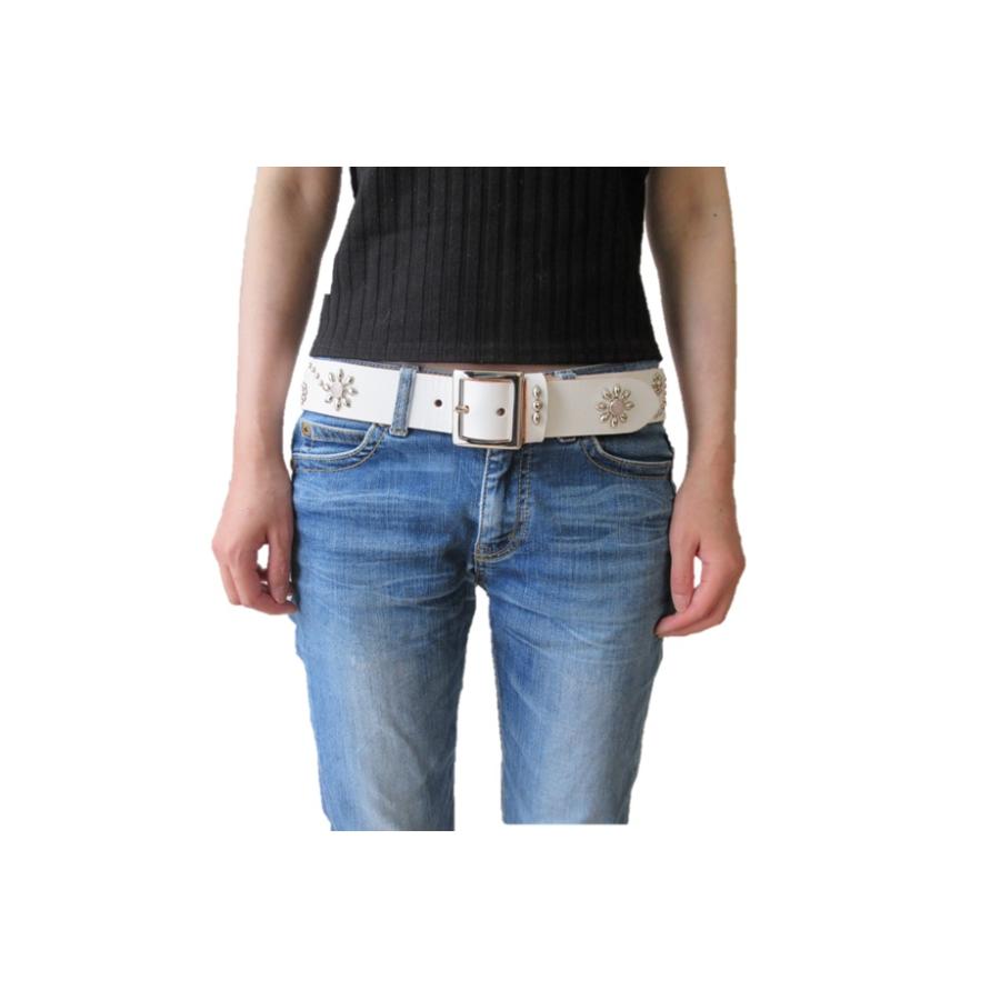 天然ローズクォーツ 栃木レザー フラワー型スタッズベルト 白 日本製  