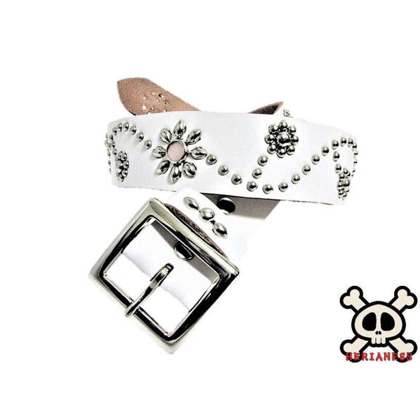 天然ローズクォーツ 栃木レザー フラワー型スタッズベルト 白 日本製  
