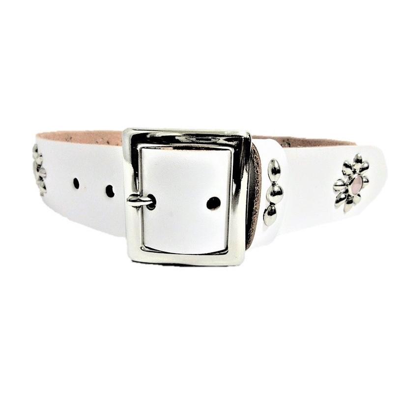 天然ローズクォーツ 栃木レザー フラワー型スタッズベルト 白 日本製  