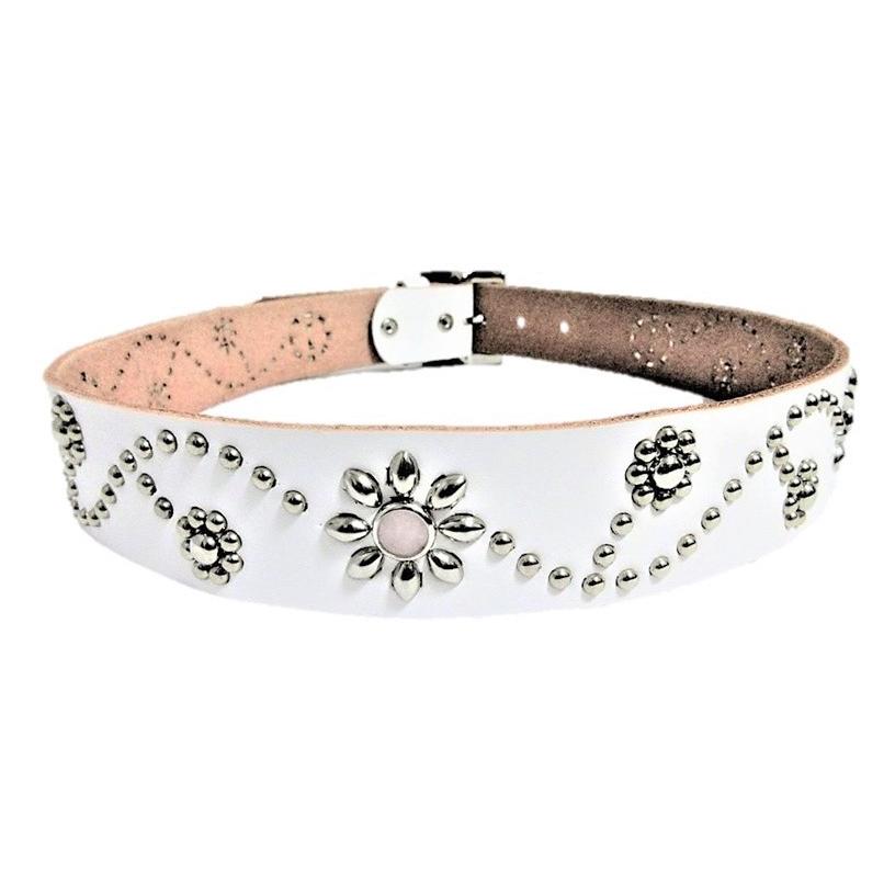 天然ローズクォーツ 栃木レザー フラワー型スタッズベルト 白 日本製  