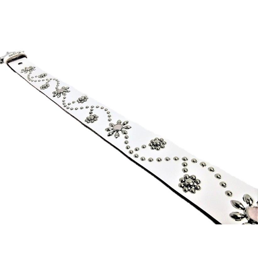 天然ローズクォーツ 栃木レザー フラワー型スタッズベルト 白 日本製  