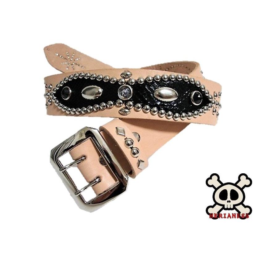 栃木レザー ピーナッツ型 スタッズベルト ナチュラル ダイヤモンド 