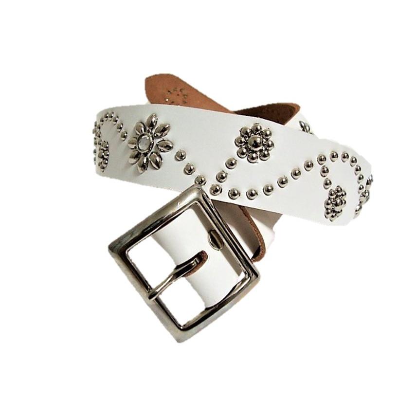 【レア】ディーゼルレザースタッズベルト　アイボリー 栃木レザー フラワー型 スタッズベルト 白 クリスタルスポッツ 日本製