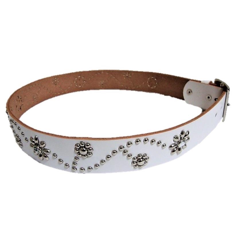 栃木レザー フラワー型 スタッズベルト 白 クリスタルスポッツ 日本製