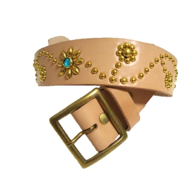 真鍮製バックル　栃木レザーフラワー型スタッズベルト　黒（アクアブルースポッツ） 真鍮製バックル 栃木レザー フラワー型スタッズベルト 黒 アクア