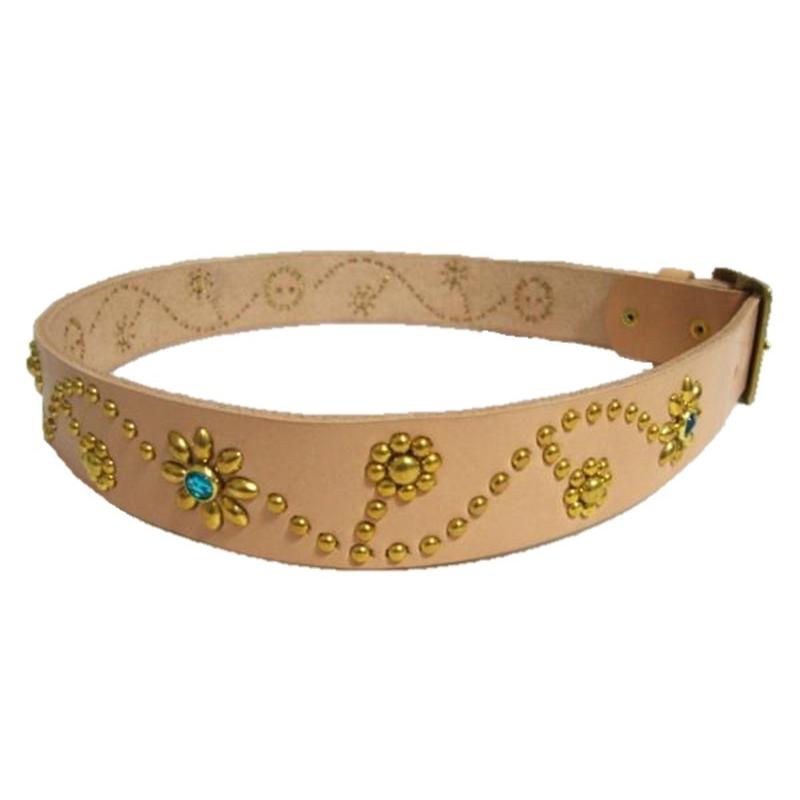 真鍮製バックル 栃木レザー フラワー型スタッズベルト ナチュラル