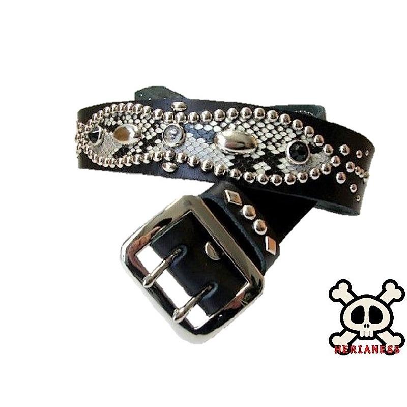栃木レザー ピーナッツ型 スタッズベルト 黒 ダイヤモンドパイソン