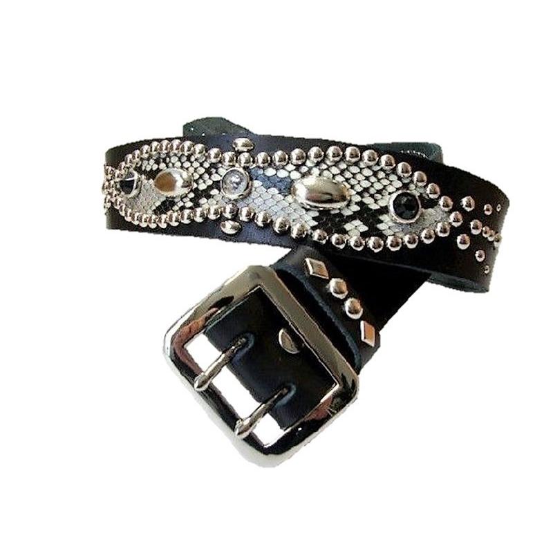 栃木レザー ピーナッツ型 スタッズベルト 黒 ダイヤモンドパイソン