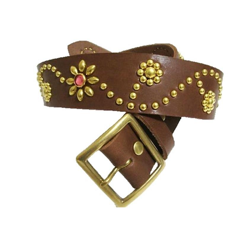 真鍮製バックル 栃木レザー フラワー型スタッズベルト チョコ ピンク
