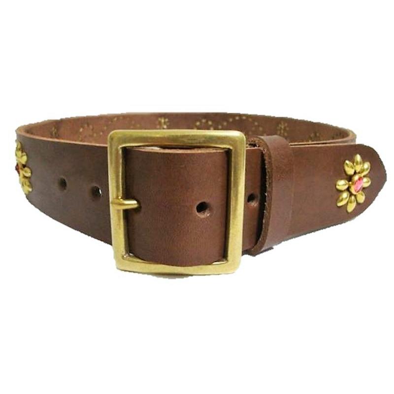 真鍮製バックル 栃木レザー フラワー型スタッズベルト チョコ ピンク