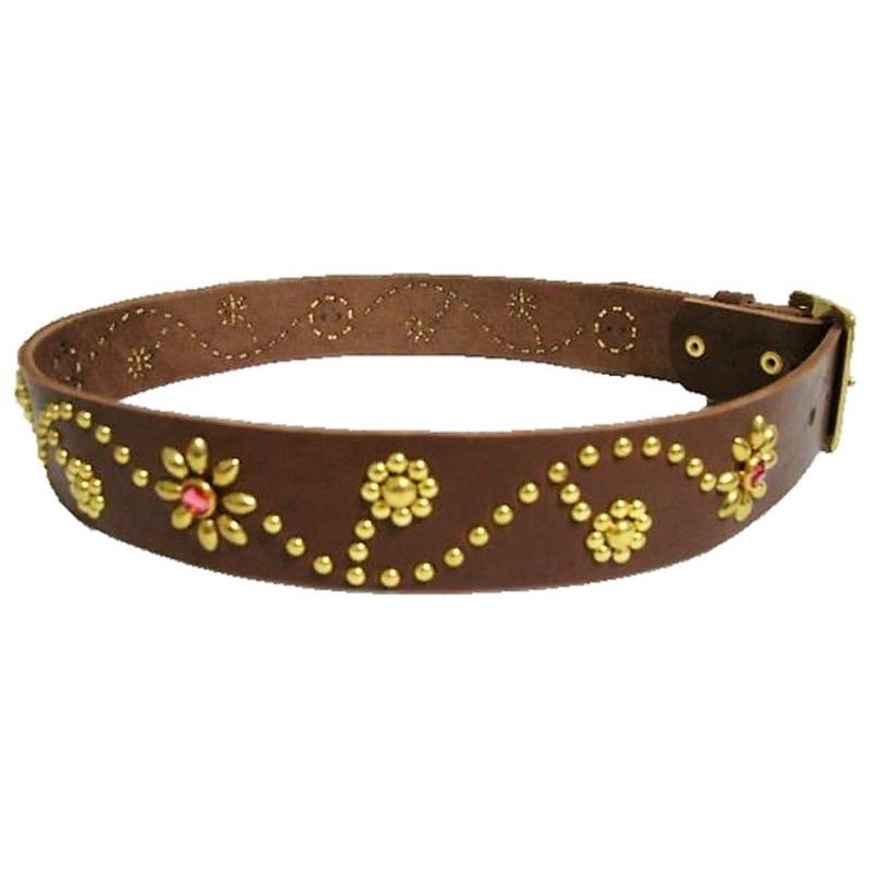 真鍮製バックル 栃木レザー フラワー型スタッズベルト チョコ ピンク