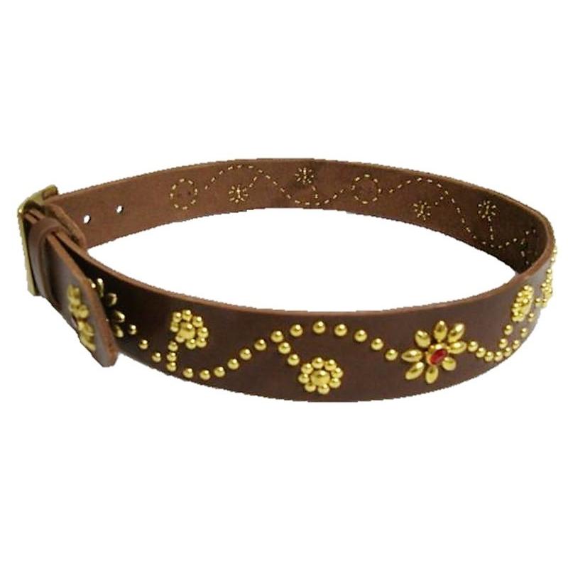 真鍮製バックル 栃木レザー フラワー型スタッズベルト チョコ レッド