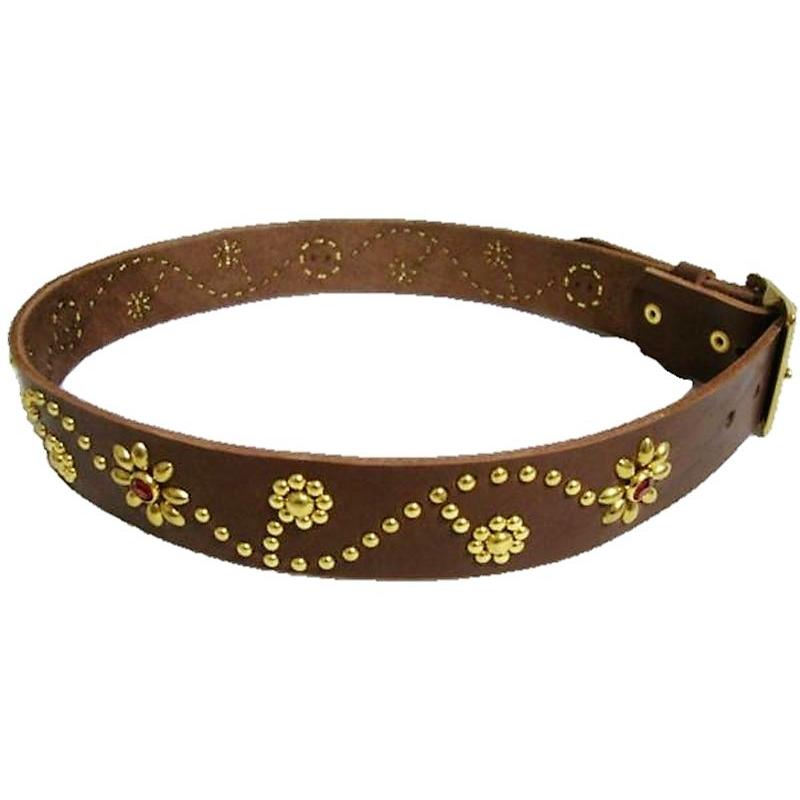 真鍮製バックル 栃木レザー フラワー型スタッズベルト チョコ レッド