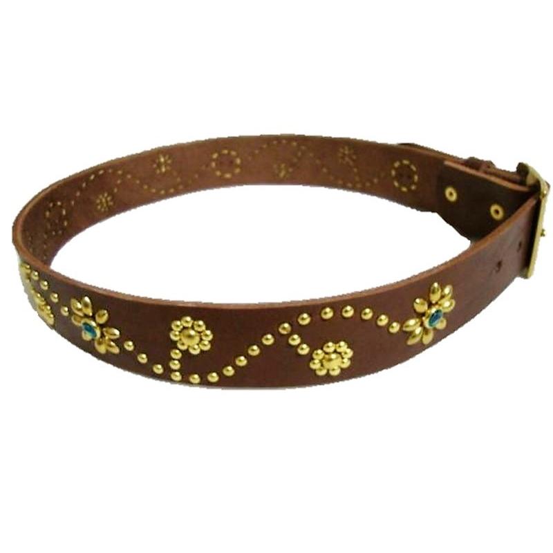 真鍮製バックル 栃木レザー フラワー型スタッズベルト チョコ アクア  