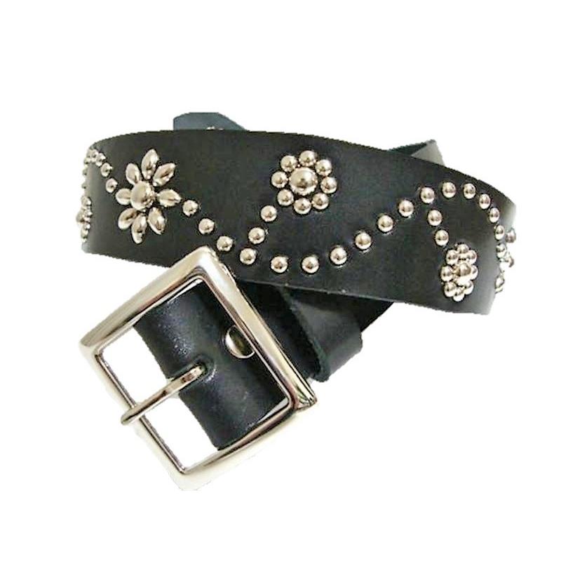 栃木レザー フラワー型 スタッズベルト 黒 ニッケルオンリー 日本製 一