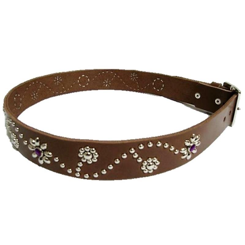 栃木レザー フラワー型 スタッズベルト チョコ パープルスポッツ 日本
