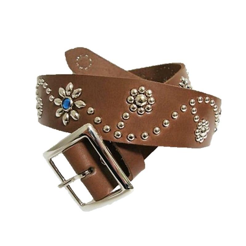 レザー　ナローベルト　フラワースタッズ 栃木レザー フラワー型 スタッズベルト チョコ ブルースポッツ 日本製