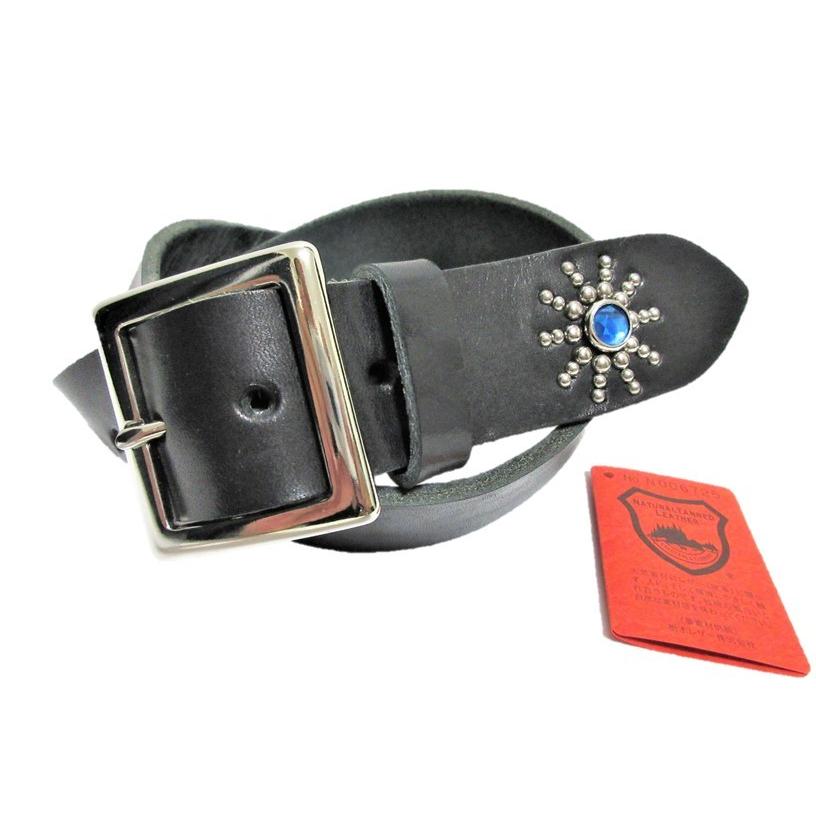 栃木レザースタッズベルトブラック ブラス＆ニッケルアクリルブルー