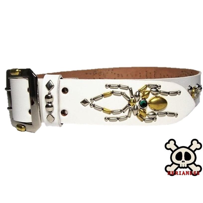 栃木レザー スパイダー スタッズベルト 白 エメラルドスポッツ 日本製
