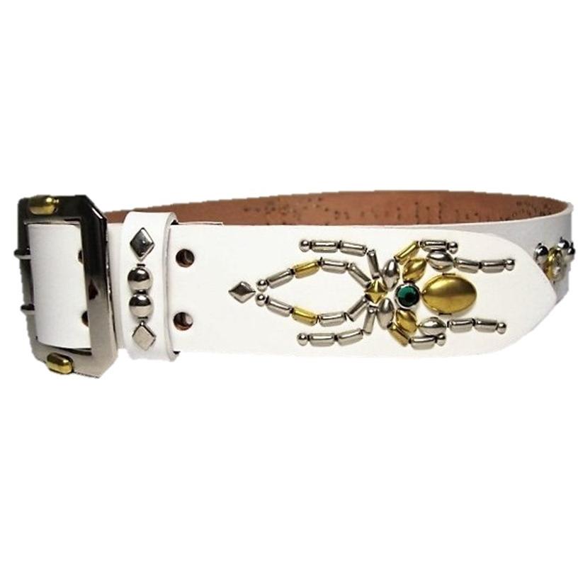 栃木レザー スパイダー スタッズベルト 白 エメラルドスポッツ 日本製
