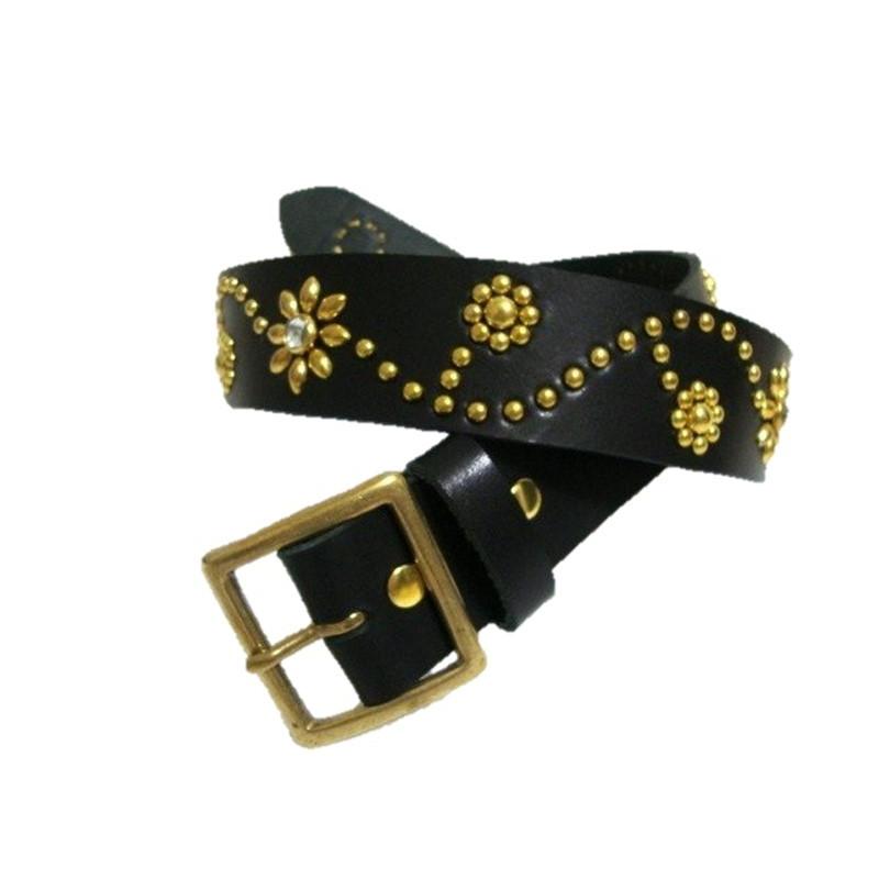 栃木レザー　フラワー型スタッズベルト　黒（クリスタルスポッツ）一枚革 真鍮製バックル 栃木レザー フラワー型スタッズベルト 黒 クリスタル