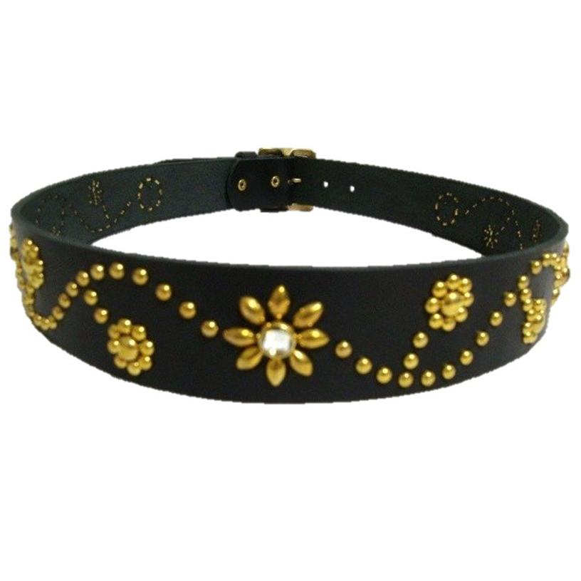 真鍮製バックル　栃木レザー　フラワー型スタッズベルト　黒（クリスタルスポッ 真鍮製バックル 栃木レザー フラワー型スタッズベルト 黒